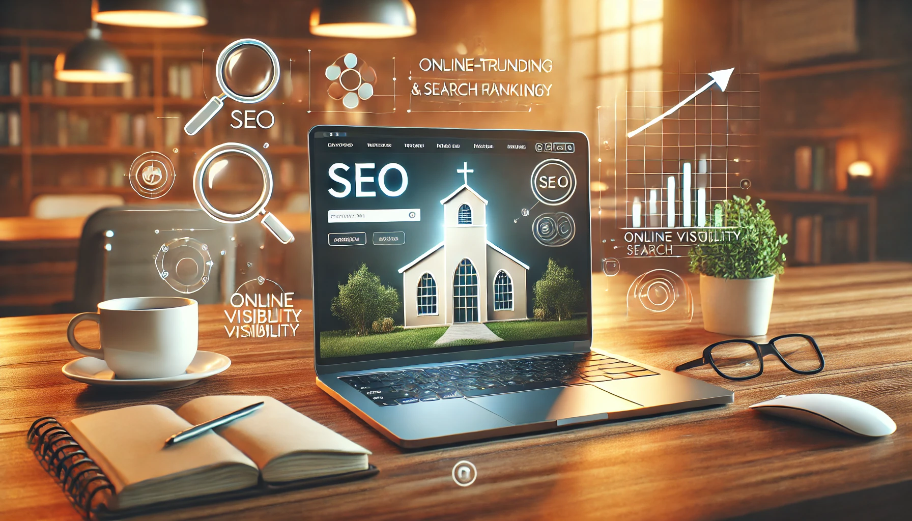 Church website displayed on a laptop screen with SEO‑related graphics representing online visibility and search rankings